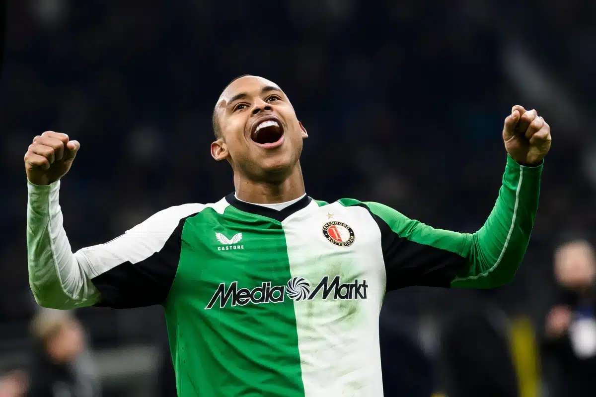 Igor Paixao of Feyenoord celebrates at the end of the UEFA Champions League 2024/25 knockout phase play-off second-leg football match between AC Milan and Feyenoord.